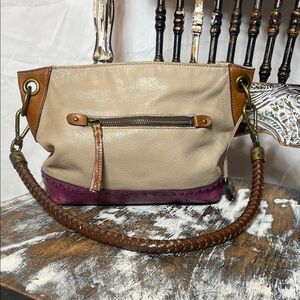 The Sak Leather Colorblock Tan & Purple Braided Strap Shoulder Bag w/ Zipper